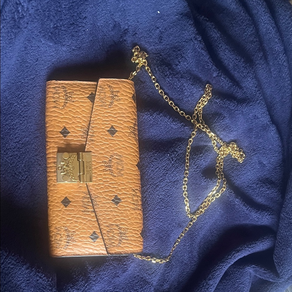 MCM Tan wallet on a Gold Chain